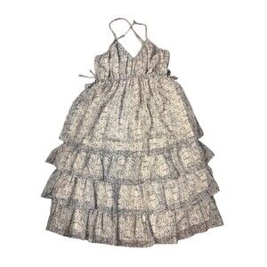 STORIA White & Gray Tiered Midi Dress Women’s Sz Med Clinched Waist Thin Straps￼